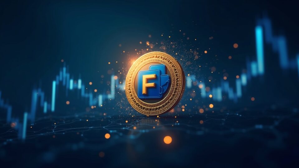 Token de Filecoin fotorealista con gráfico en alza y red de almacenamiento descentralizada al fondo, tonos azul-dorado