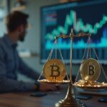 Retrato realista de un analista fintech en oficina, con balance digital mostrando BTC frente a oro y volatilidad.