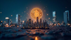 Horizonte urbano con edificios y un emblema de Bitcoin emergente, flujos de datos y fondo periodístico.