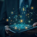 Figura central fotorealista con iconos de fondos monetarios tokenizados sobre blockchain, etiqueta BIS y fondo fintech