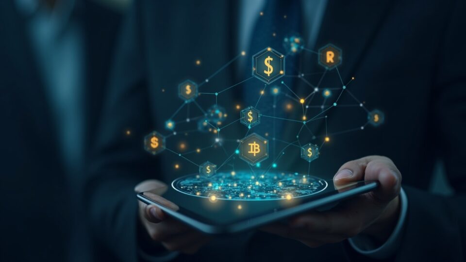 Figura central fotorealista con iconos de fondos monetarios tokenizados sobre blockchain, etiqueta BIS y fondo fintech