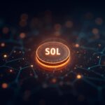 Token SOL holográfico conectado a una red de staking luminosa, con branding de Fidelity en un moderno piso de operaciones.