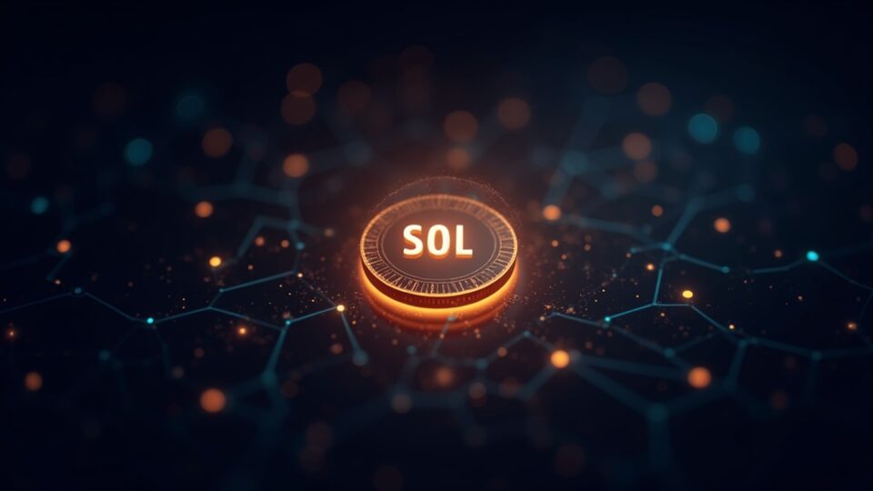 Token SOL holográfico conectado a una red de staking luminosa, con branding de Fidelity en un moderno piso de operaciones.
