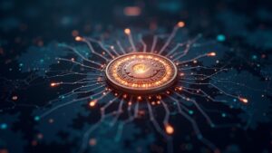 Holograma del Fuse Energy token sobre una red energética descentralizada, iluminado por la carta de no-accion de la SEC.