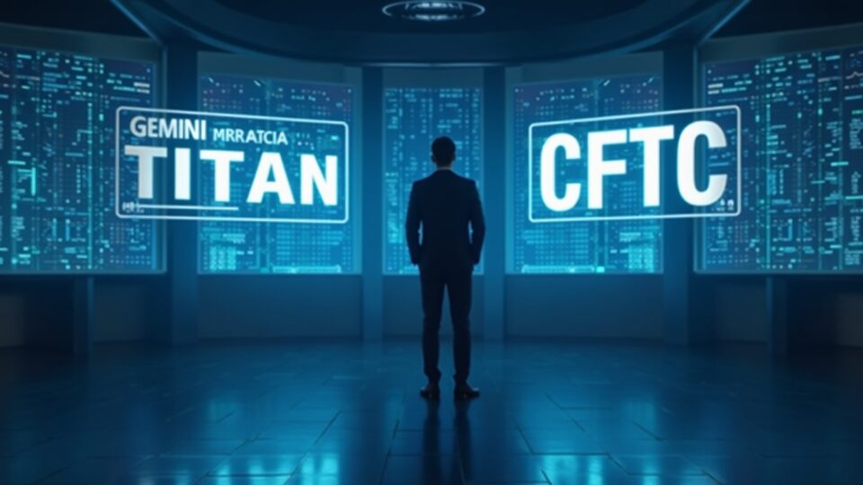 Ejecutivo cripto en piso de operaciones, panel holográfico Gemini Titan y CFTC, simbolizando mercados de predicción institucional.