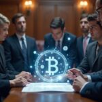 Escena fotorrealista en el Capitolio: legisladores revisan un documento GENIUS Act junto a símbolos cripto holográficos