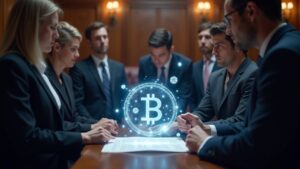 Escena fotorrealista en el Capitolio: legisladores revisan un documento GENIUS Act junto a símbolos cripto holográficos