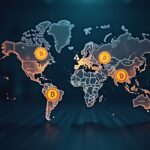 Escena de sala de prensa con logotipos de BTC y ETH desvaneciéndose; mapa global con salidas en EE. UU. e entradas en Europa.