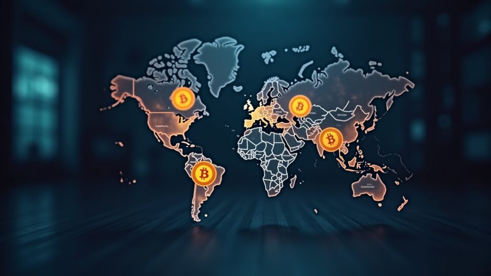 Escena de sala de prensa con logotipos de BTC y ETH desvaneciéndose; mapa global con salidas en EE. UU. e entradas en Europa.