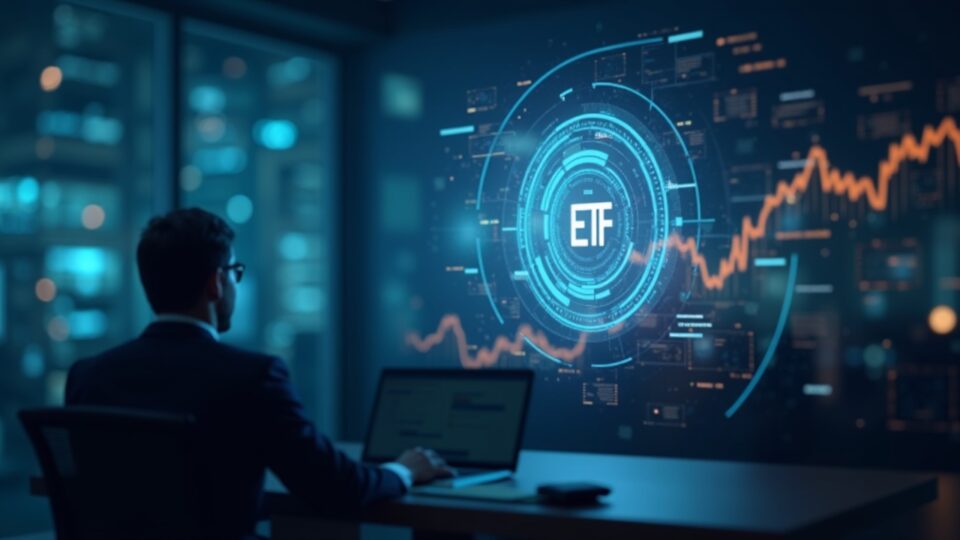Escena de sala de noticias con silueta ejecutiva y icono holográfico de Chainlink, demanda institucional en alza y ETF.
