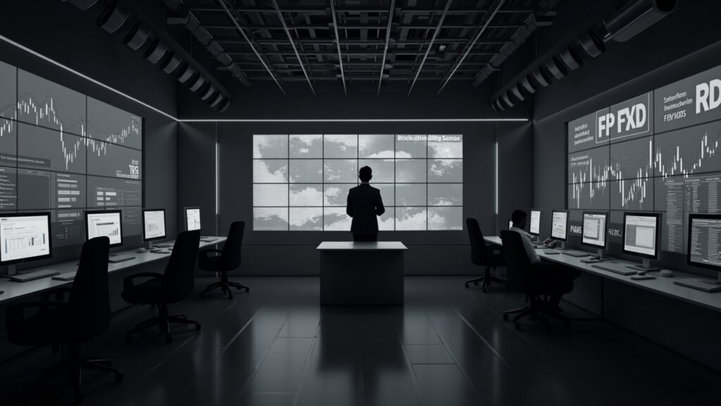 Newsroom scene with a central analyst, Solana and ETF charts on displays, grayscale, blockchain grid.