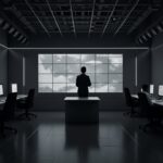 Newsroom scene with a central analyst, Solana and ETF charts on displays, grayscale, blockchain grid.