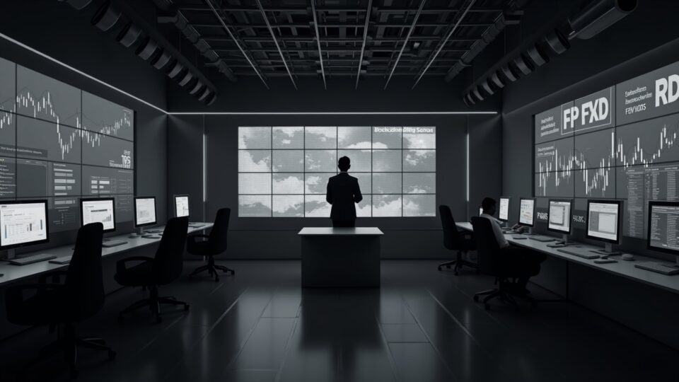 Newsroom scene with a central analyst, Solana and ETF charts on displays, grayscale, blockchain grid.