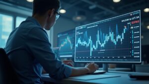 Analista en sala de noticias con gráficos holográficos de ZEC y pantalla de Grayscale ETF, zk-SNARKs.