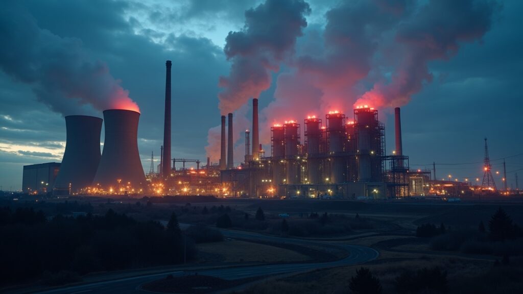 Vista fotorrealista al anochecer de una gran central eléctrica con luces de emergencia, humo tenue y equipos de minería en el centro.