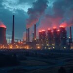 Vista fotorrealista al anochecer de una gran central eléctrica con luces de emergencia, humo tenue y equipos de minería en el centro.