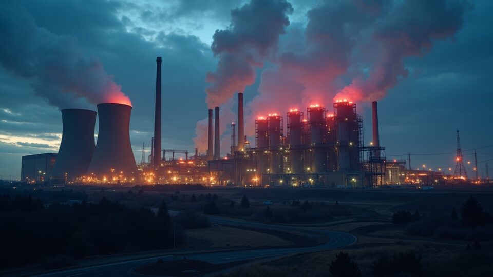 Vista fotorrealista al anochecer de una gran central eléctrica con luces de emergencia, humo tenue y equipos de minería en el centro.