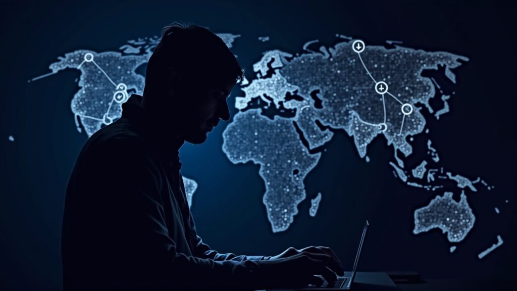 Silueta de hacker en neón con íconos de Bitcoin y Ethereum, mapa mundial y martillo, simbolizando recuperación de activos y regulación.