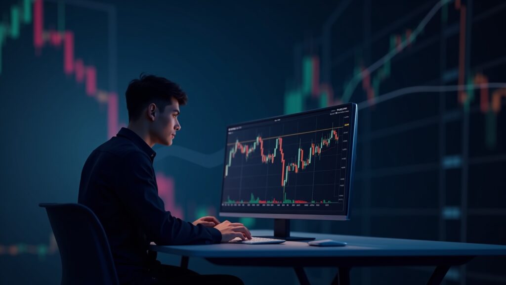Trader realista frente a gráfico de HBAR en canal descendente con soportes 0.141 y 0.154, logo Hedera.