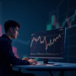 Trader realista frente a gráfico de HBAR en canal descendente con soportes 0.141 y 0.154, logo Hedera.