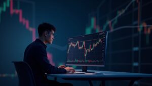 Trader realista frente a gráfico de HBAR en canal descendente con soportes 0.141 y 0.154, logo Hedera.
