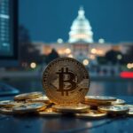Trader central frente a un panel con Bitcoin 106k, oro y plata, reloj de cuenta atrás y fondo difuminado del Capitolio.