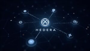 Logotipo de Hedera con líneas intercadena brillantes conectando iconos de varias blockchains, branding de Axelar y GMP.