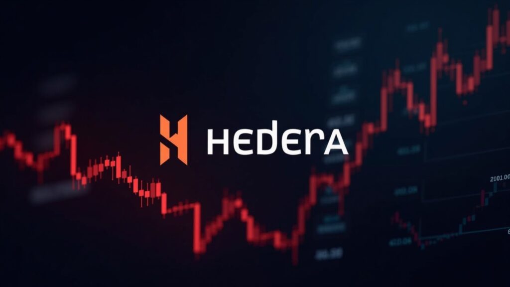 Logotipo fotorealista de Hedera HBAR centrado sobre caída roja y volumen alto; fondo con icono Canary Capital y malla