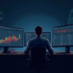 Trader en escritorio con pantallas mostrando HBAR cerca de 0,15, línea de resistencia roja y símbolos regulatorios al fondo.