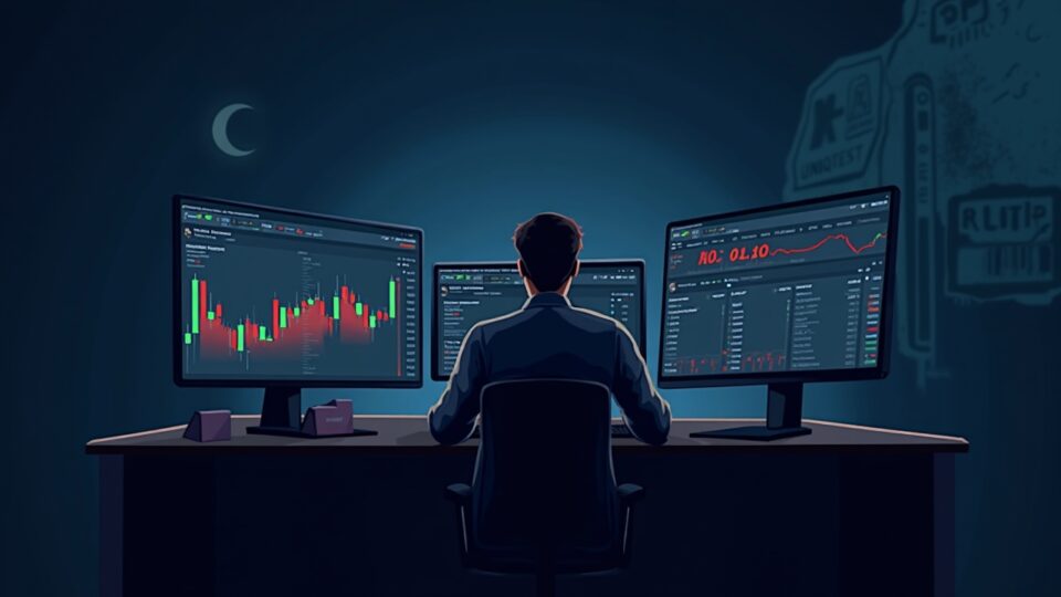 Trader en escritorio con pantallas mostrando HBAR cerca de 0,15, línea de resistencia roja y símbolos regulatorios al fondo.