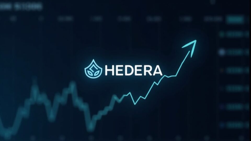 Logo de Hedera HBAR en una pantalla de trading con flecha ascendente y gráfico de noviembre, indicando un rally del 40%.