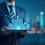 Ejecutivo en traje revisa cripto holográficos junto a skyline y papeles regulatorios