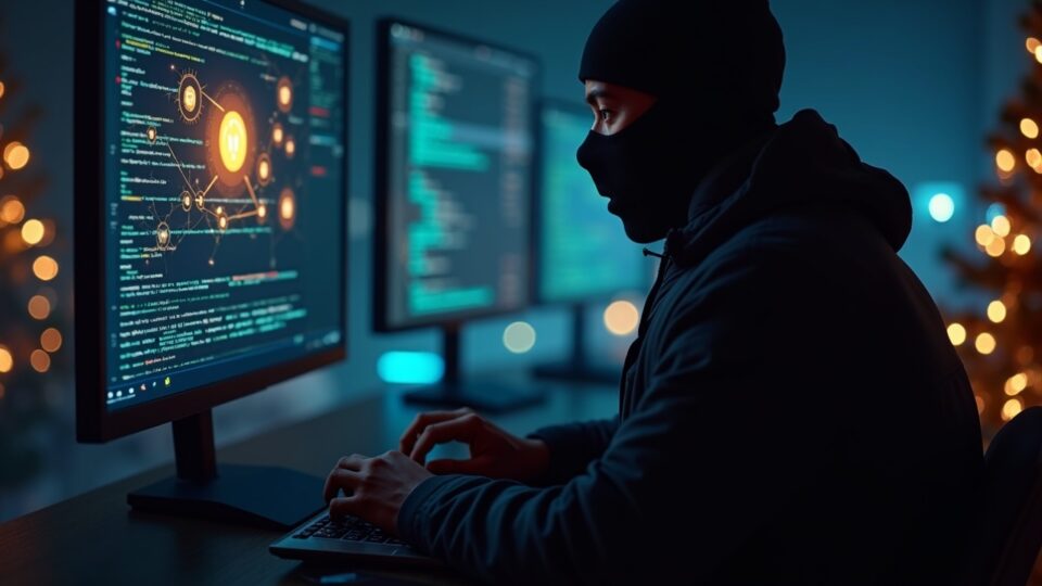 Hacker en silueta frente a una wallet crypto iluminada, pantalla con deepfake y phishing, rodeado de luces navideñas