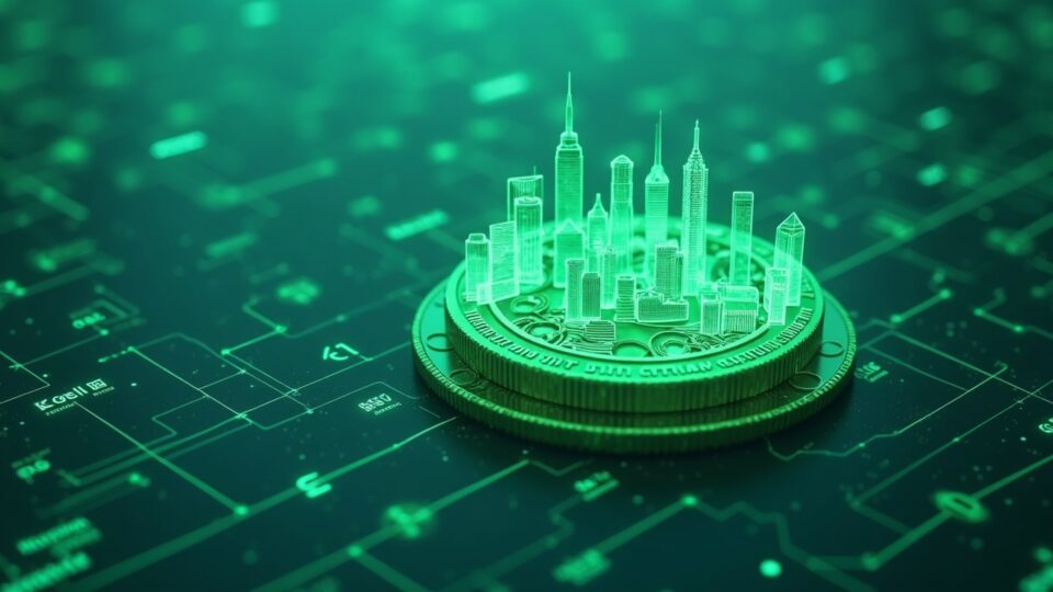 Bono verde tokenizado en blockchain frente al skyline de Hong Kong, con iconos de USD, HKD, EUR y CNH.