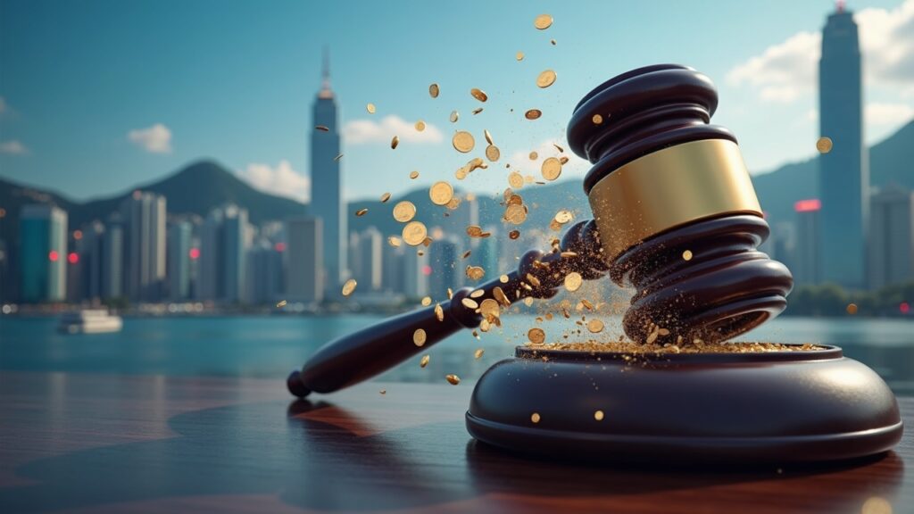 Horizonte de Hong Kong con monedas digitales que se disuelven en un mazo judicial símbolo de fraude cripto y mayor vigilancia