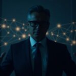 Silueta de figura política en traje, detrás de vidrio, rodeada de redes blockchain y símbolos de memecoin.