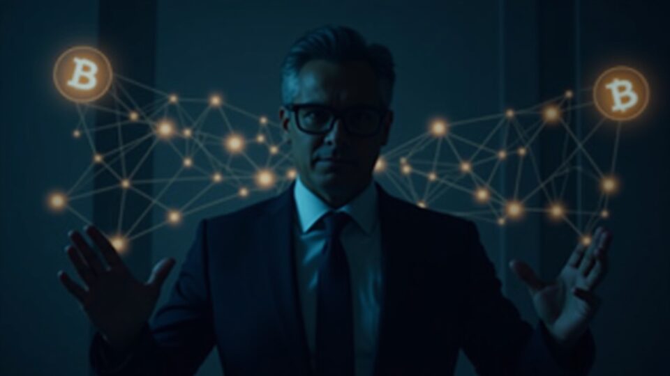 Silueta de figura política en traje, detrás de vidrio, rodeada de redes blockchain y símbolos de memecoin.