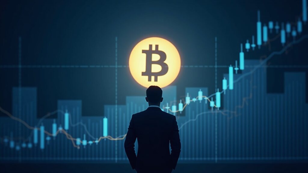 Figura de inversor institucional frente al símbolo de Bitcoin, gráfico descendente y SMA de 50 días en tono azul.
