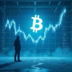 Trader solitario en sala de intercambio helada, Bitcoin al centro, líneas bajistas y cruce de EMAs 50/200 en tonos azules