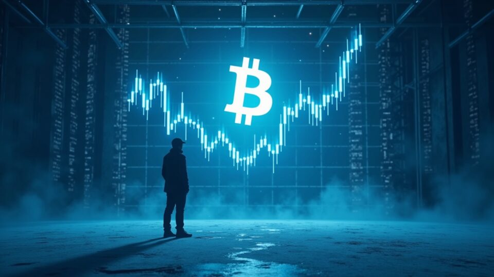 Trader solitario en sala de intercambio helada, Bitcoin al centro, líneas bajistas y cruce de EMAs 50/200 en tonos azules