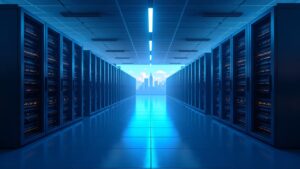 Instalación de minería de Bitcoin convertida en centro de datos de IA, con racks GPU, pasillos azulados y horizonte de nubes.