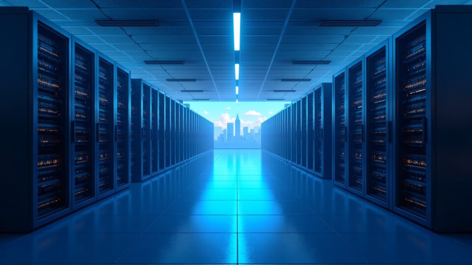 Instalación de minería de Bitcoin convertida en centro de datos de IA, con racks GPU, pasillos azulados y horizonte de nubes.