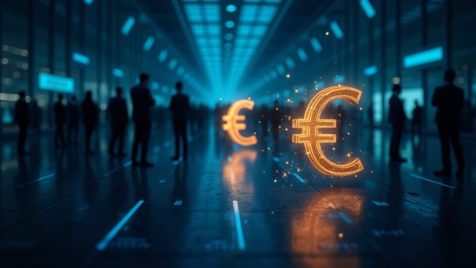 Bancos italianos en un hub fintech moderno, símbolo euro iluminado dividido entre euro digital de BCE y soluciones privadas