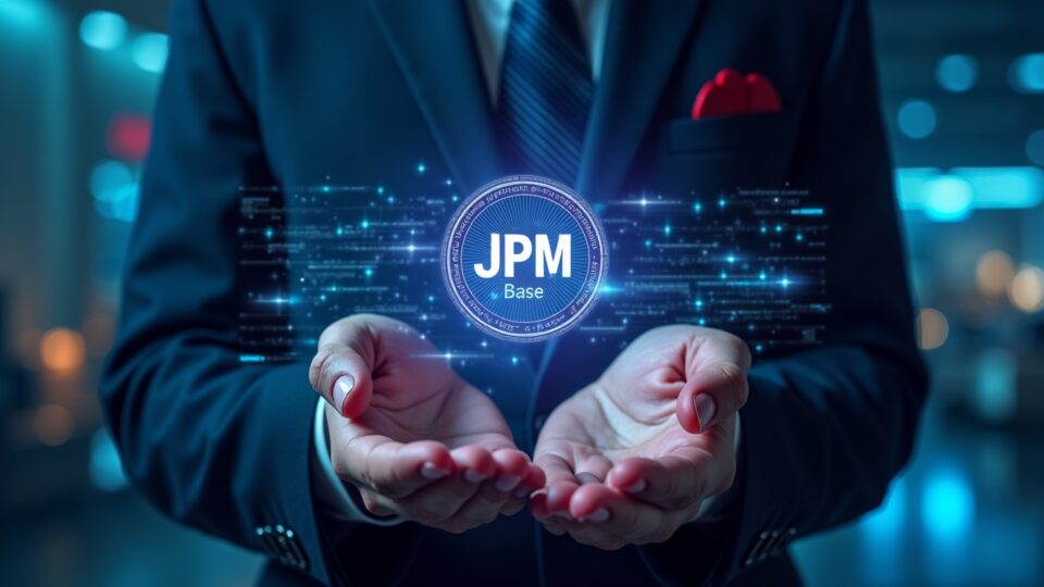 Institutional trader with a glowing JPM Coin, Base hologram, and neon rails illustrating instant tokenized settlements.