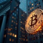 Fachada del edificio de JPMorgan con un símbolo de Bitcoin resplandeciente atravesando el vidrio
