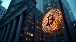 Fachada del edificio de JPMorgan con un símbolo de Bitcoin resplandeciente atravesando el vidrio