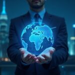 Retrato fotorealista de un ejecutivo fintech sosteniendo un globo digital iluminado que representa KlarnaUSD y pagos transfronterizos.