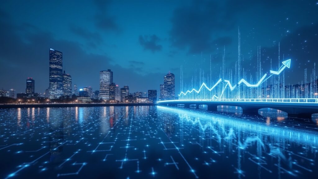 KR1 en el Mercado Principal de Londres, silueta de ciudad, malla holográfica de blockchain y gráficos alcistas.