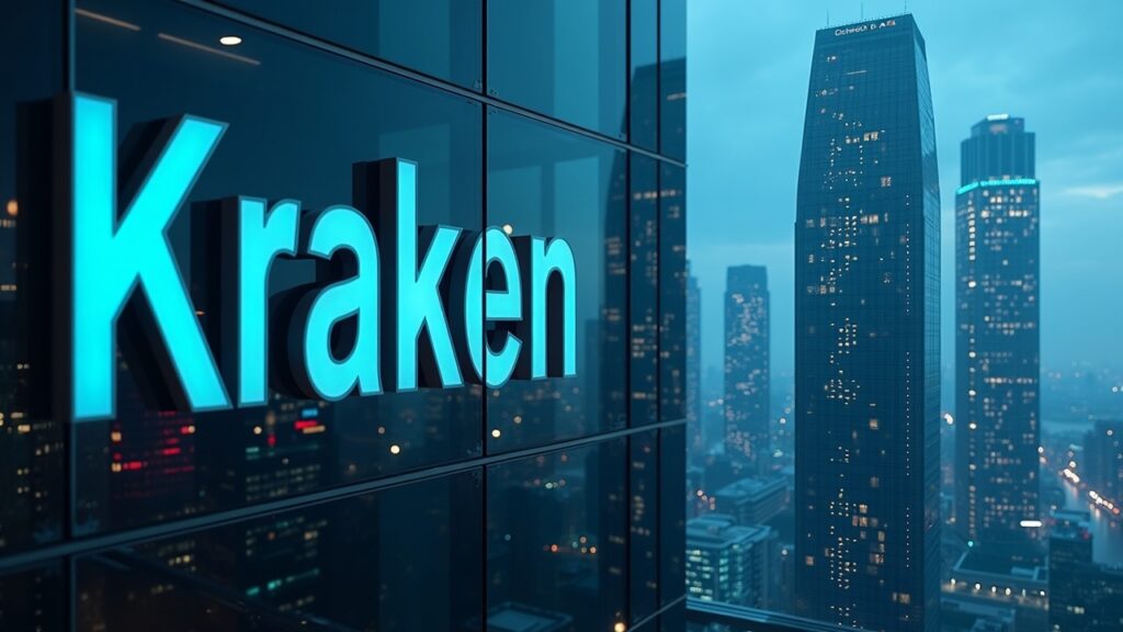 Logo de Kraken junto a Citadel Securities, gráfico de mercado al alza en torre de vidrio, señalando crecimiento y IPO 2026.