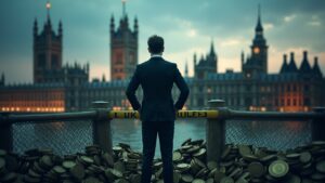 Silueta del co-CEO de Kraken bloqueando monedas digitales ante una barrera 'UK rules' y el Parlamento de fondo.